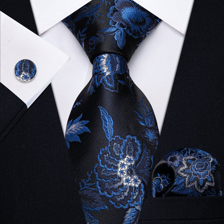 Blue Black Floral Men's Necktie Pocket Square Cufflinks Set