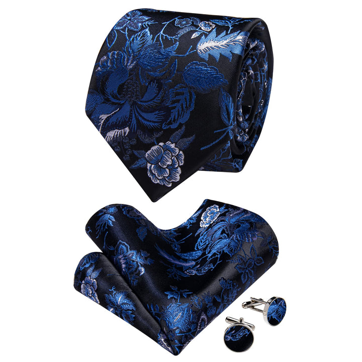  Blue Tie Black Sky Blue Jacquard Campanula Floral Necktie Set