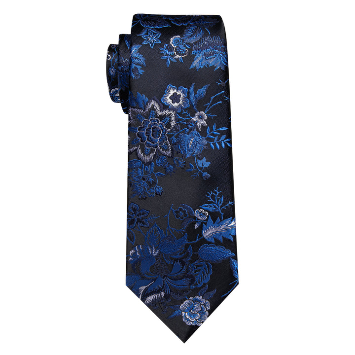 Blue Black Floral Men's Necktie Pocket Square Cufflinks Set