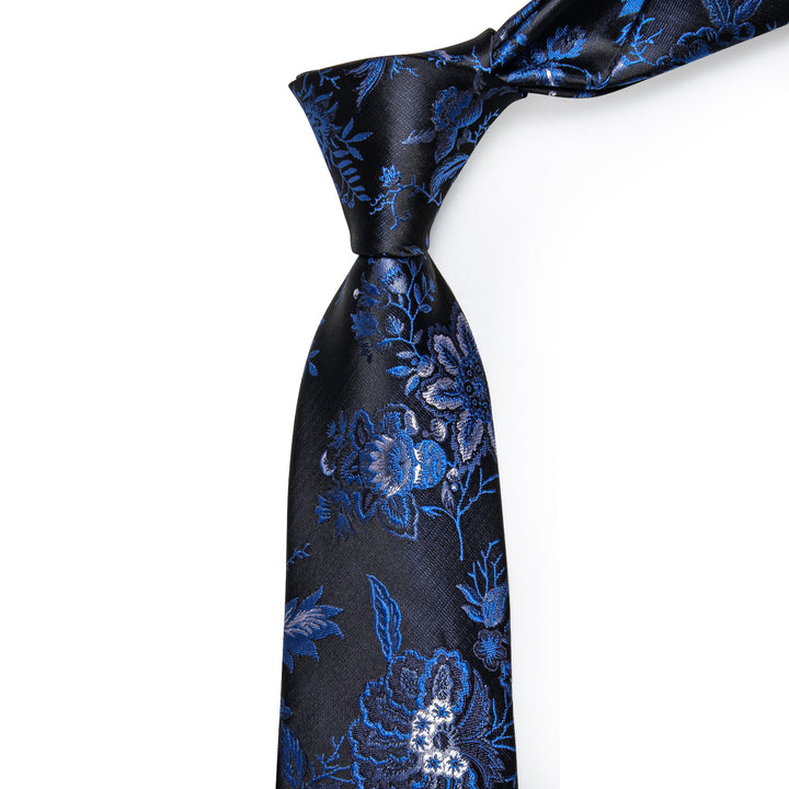 Blue Black Floral Men's Necktie Pocket Square Cufflinks Set