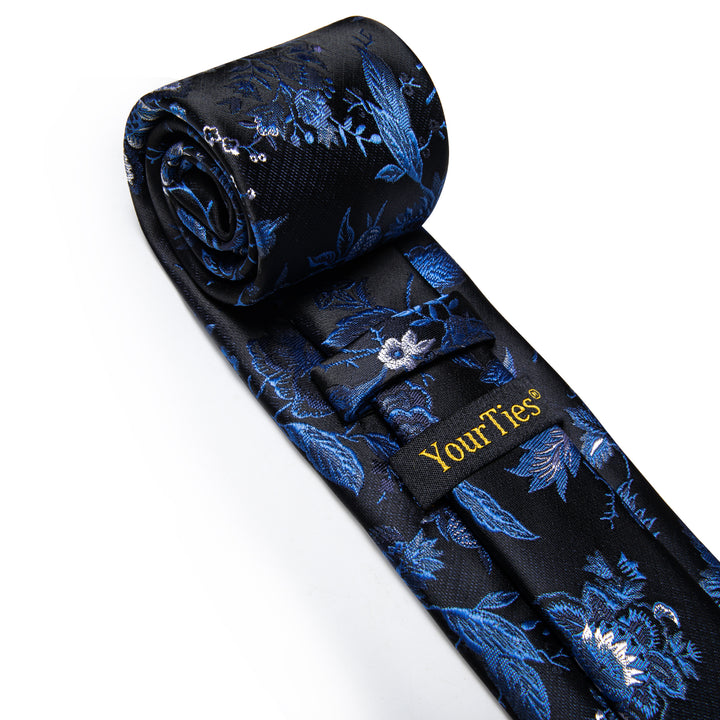 Blue Black Floral Men's Necktie Pocket Square Cufflinks Set