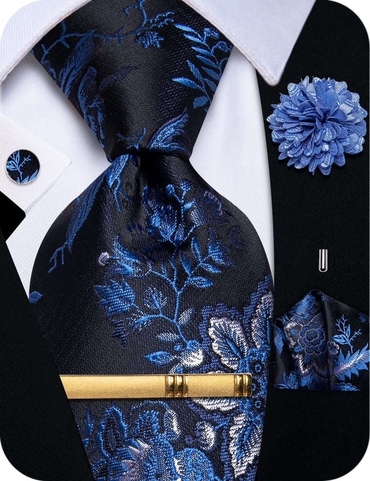  Blue Tie Black Sky Blue Jacquard Campanula Floral Necktie Set