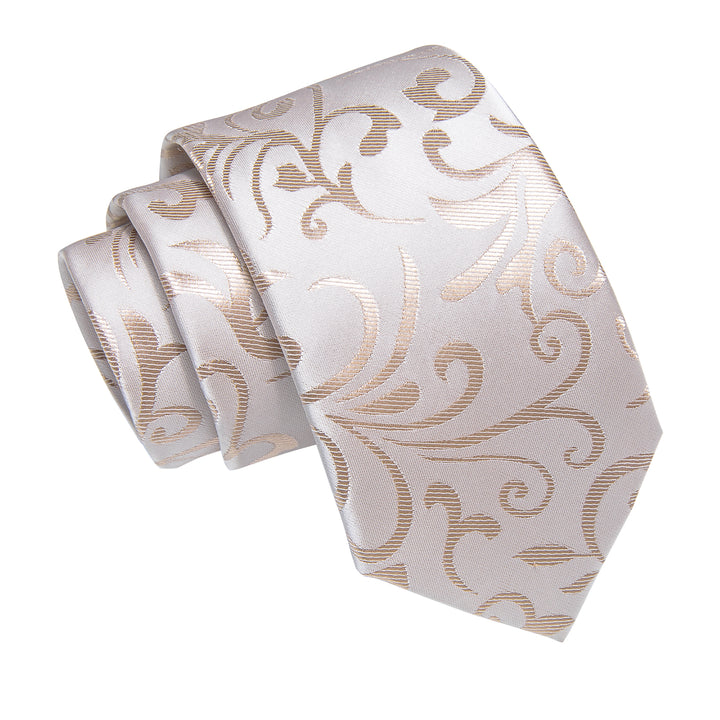  Beige Champagne Floral Leaf Men's Necktie Hanky Cufflinks Set