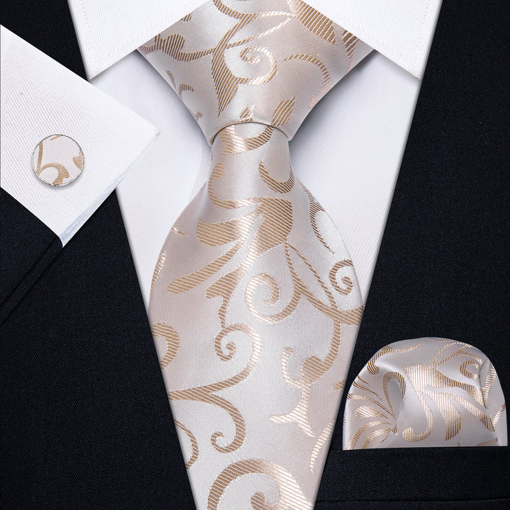  Beige Champagne Floral Leaf Men's Necktie Hanky Cufflinks Set