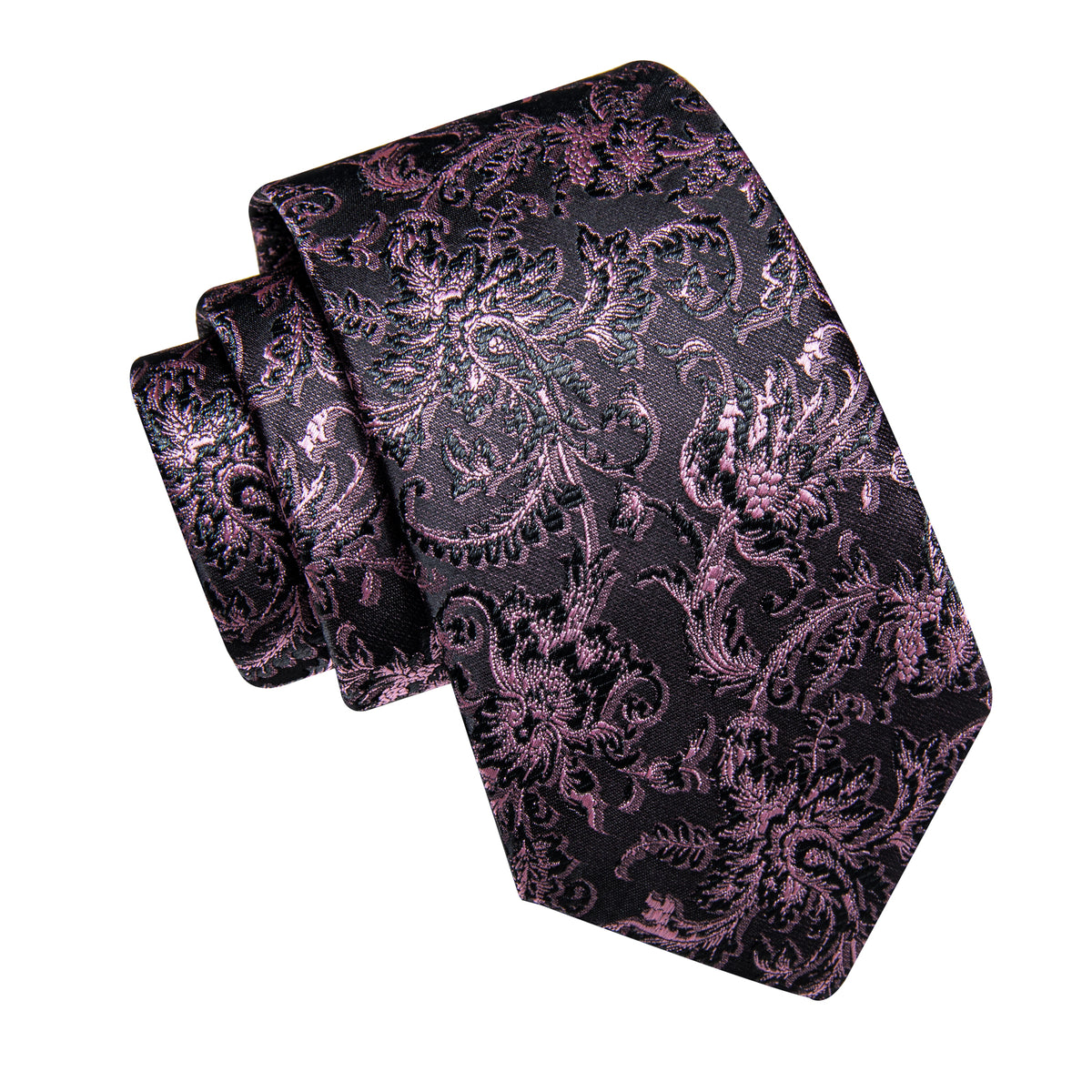 Pink Black Floral Men's Necktie Pocket Square Cufflinks Set