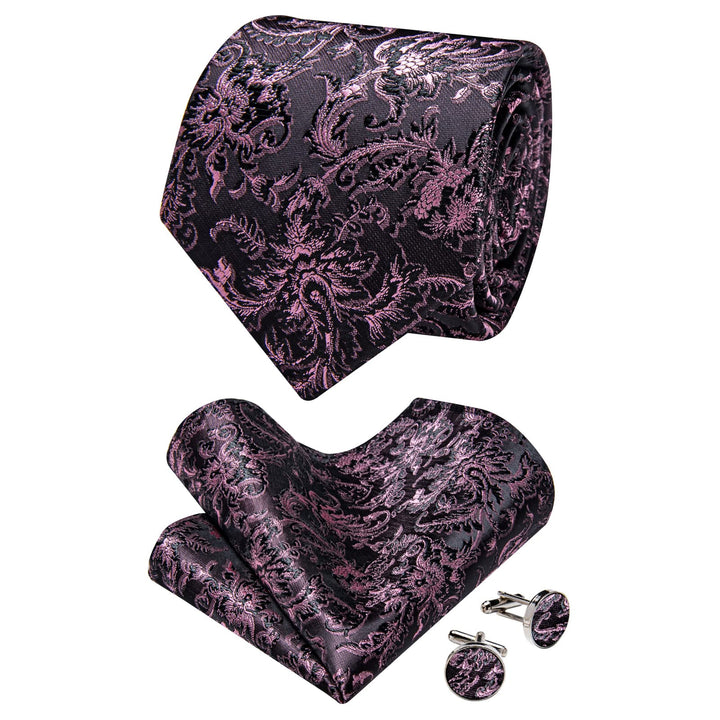  Pink Tie Black Pink Jacquard Floral Wedding Necktie Set