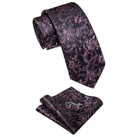 Pink Black Floral Men's Necktie Pocket Square Cufflinks Set