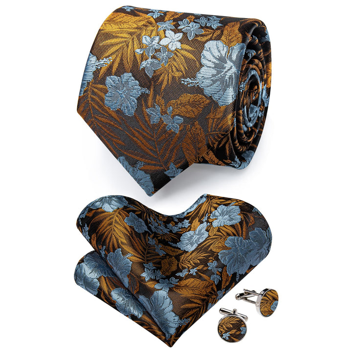 Men's Tie Brown Leaf Blue Flower Jacquard Necktie Set