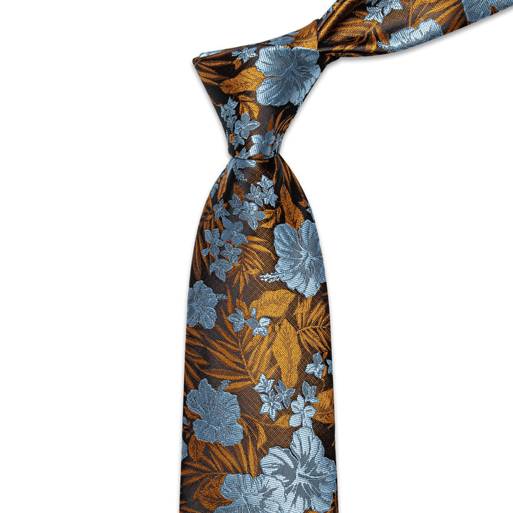 YourTies Blue Golden Floral Men's Necktie Pocket Square Cufflinks Set