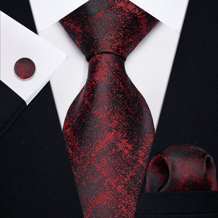 Gradient Red Black Plaid Necktie Pocket Square Cufflinks Set