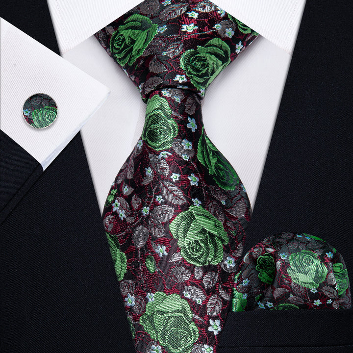 Green Black Floral Men's Necktie Pocket Square Cufflinks Set