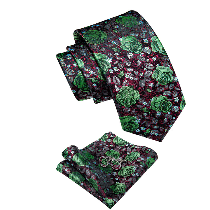 Green Black Floral Men's Necktie Pocket Square Cufflinks Set