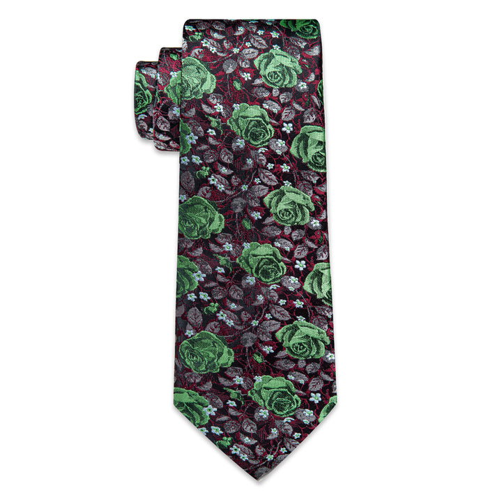 Green Black Floral Men's Necktie Pocket Square Cufflinks Set