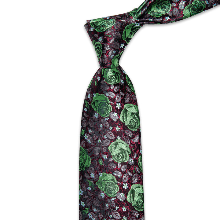 Green Black Floral Men's Necktie Pocket Square Cufflinks Set