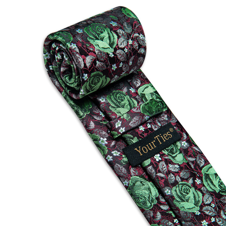 Green Black Floral Men's Necktie Pocket Square Cufflinks Set