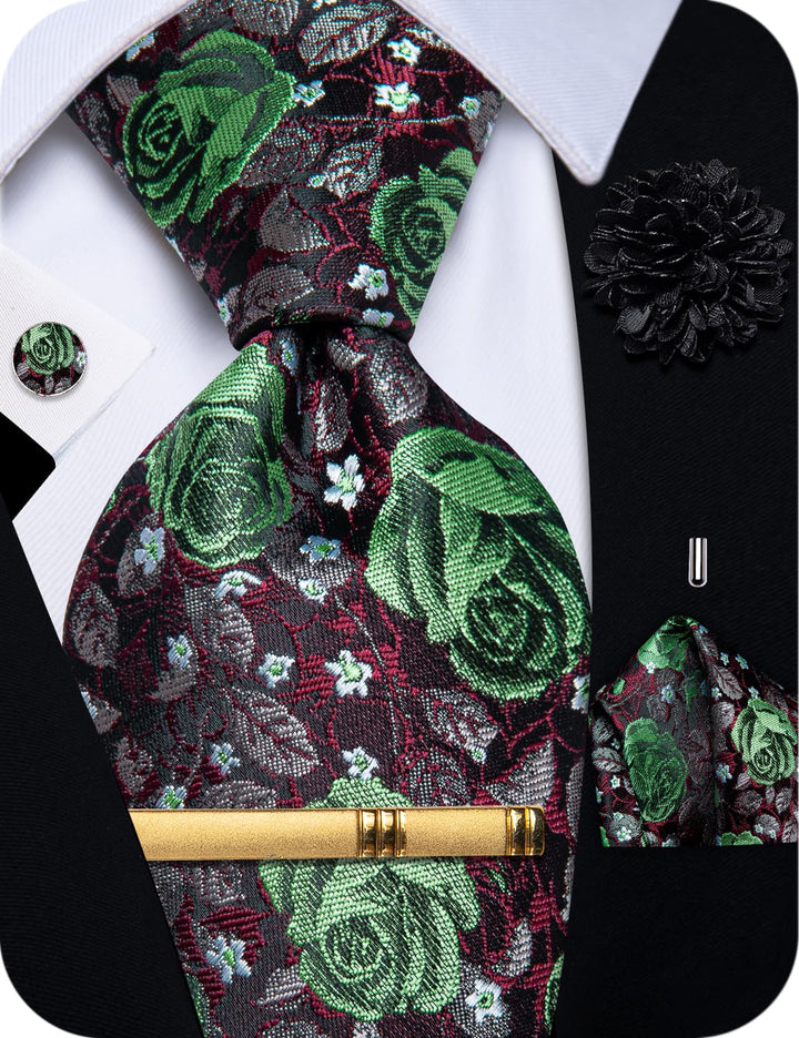 Men's Tie Black Green Roses Jacquard Necktie Set