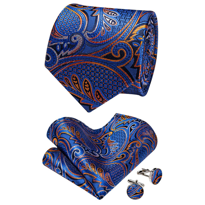 Men's Tie Blue Grey Orange Jacquard Necktie Set