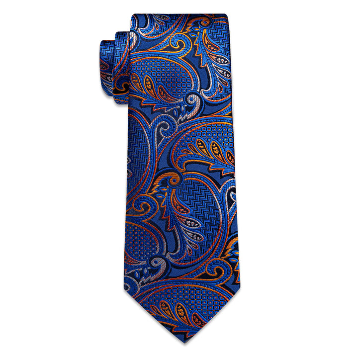 YourTies Blue Golden Silver Paisley Men's Necktie Pocket Square Cufflinks Set