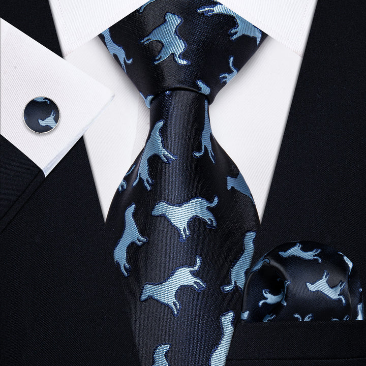 YourTies Black Blue Puppy Pattern Men's Tie Handkerchief Cufflinks Set