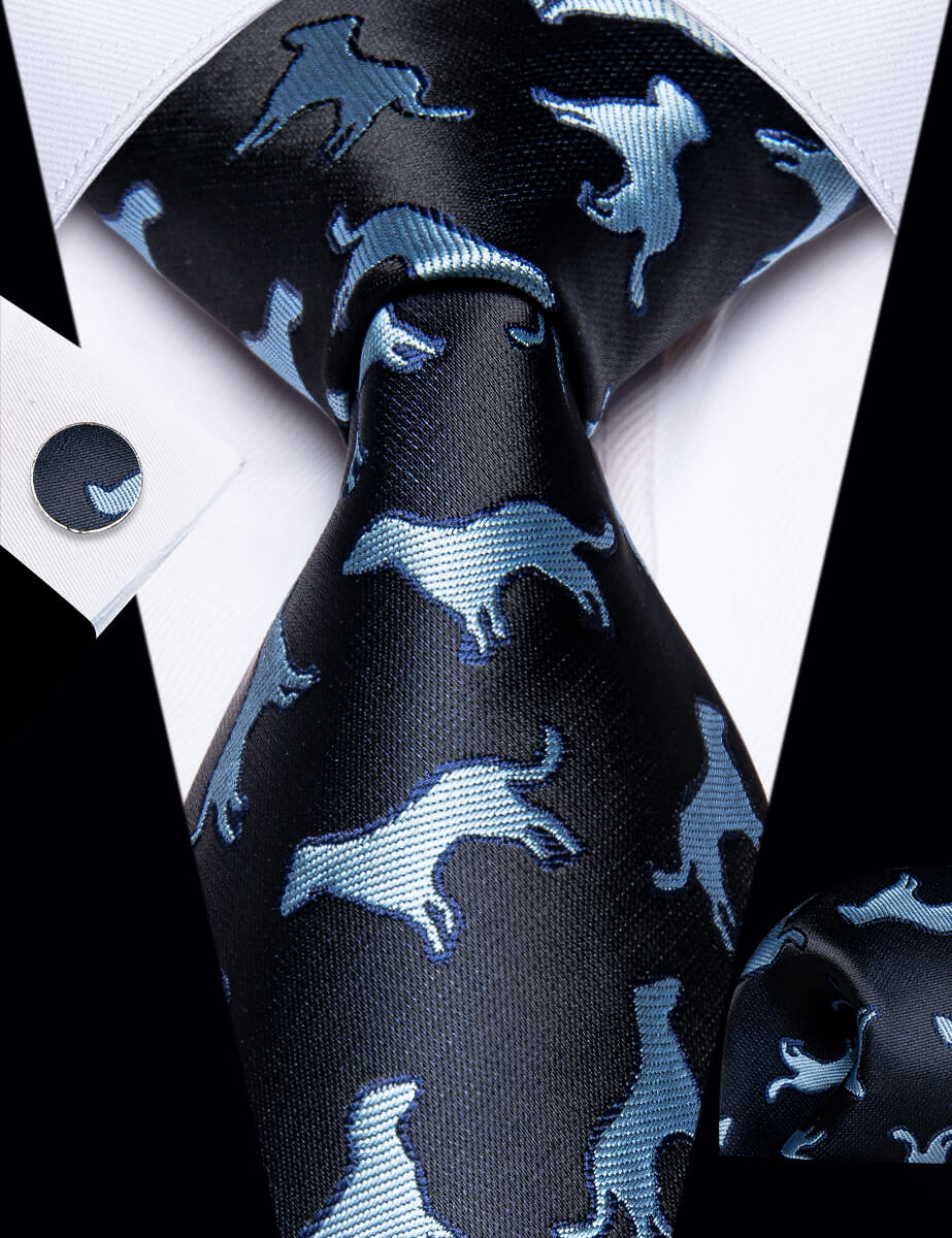 YourTies Black Blue Puppy Pattern Men's Tie Handkerchief Cufflinks Set