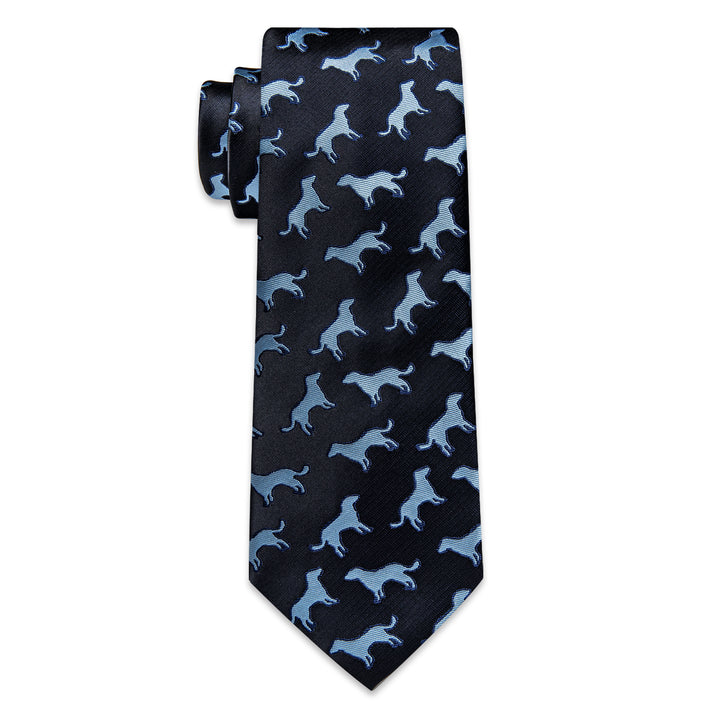 YourTies Black Blue Puppy Pattern Men's Tie Handkerchief Cufflinks Set