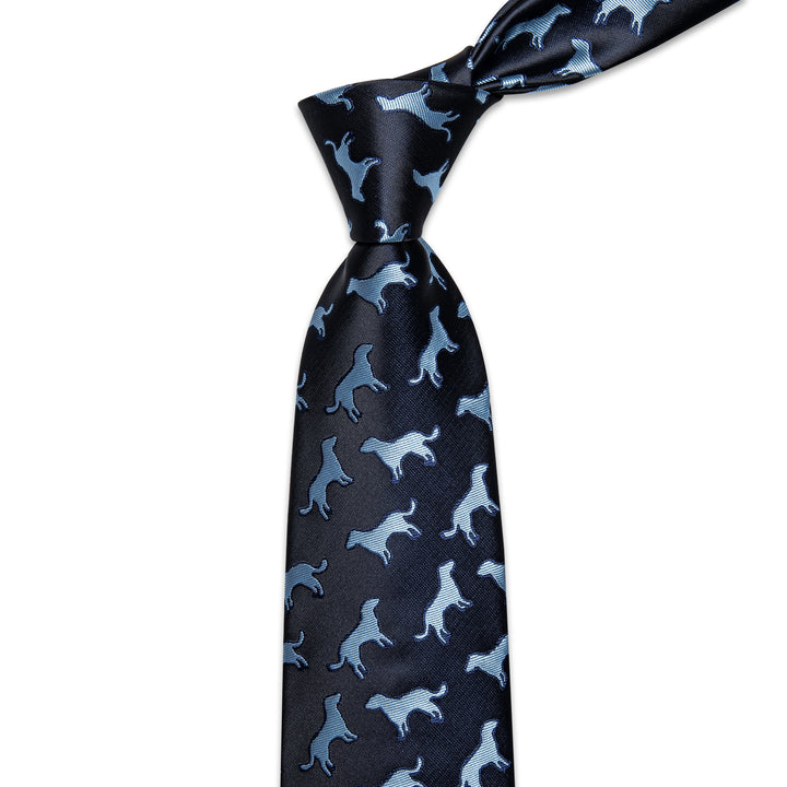 YourTies Black Blue Puppy Pattern Men's Tie Handkerchief Cufflinks Set