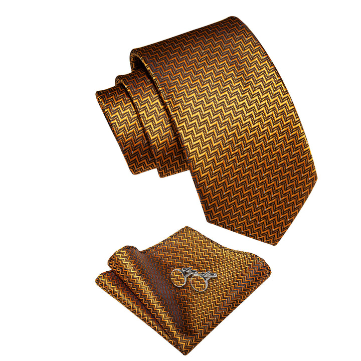 Gold Black Novelty Woven Men's Necktie Pocket Square Cufflinks Set