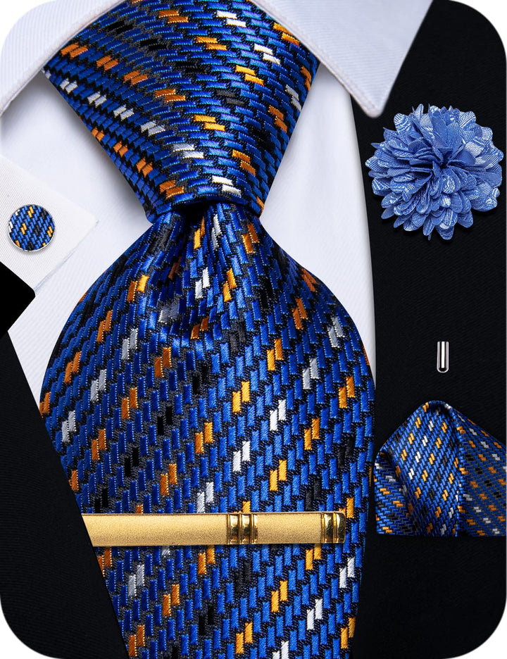  Blue Men's Tie Black Orange Grey Squares Geometric Necktie Set