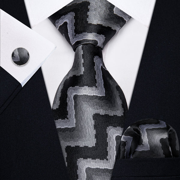  Black Grey White Novelty Mens Tie Pocket Square Cufflinks Set