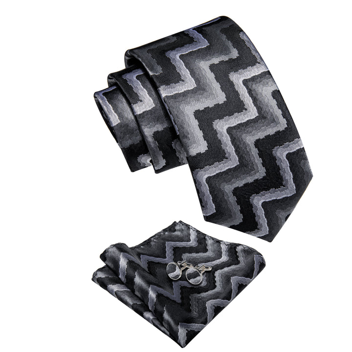  Black Grey White Novelty Mens Tie Pocket Square Cufflinks Set