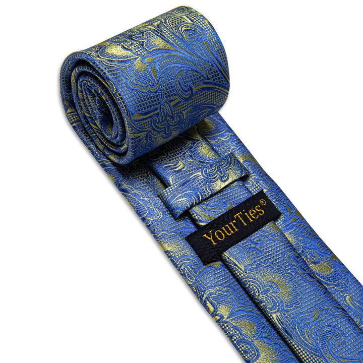  Light Blue Yellow Paisley Men's Necktie Hanky Cufflinks Set