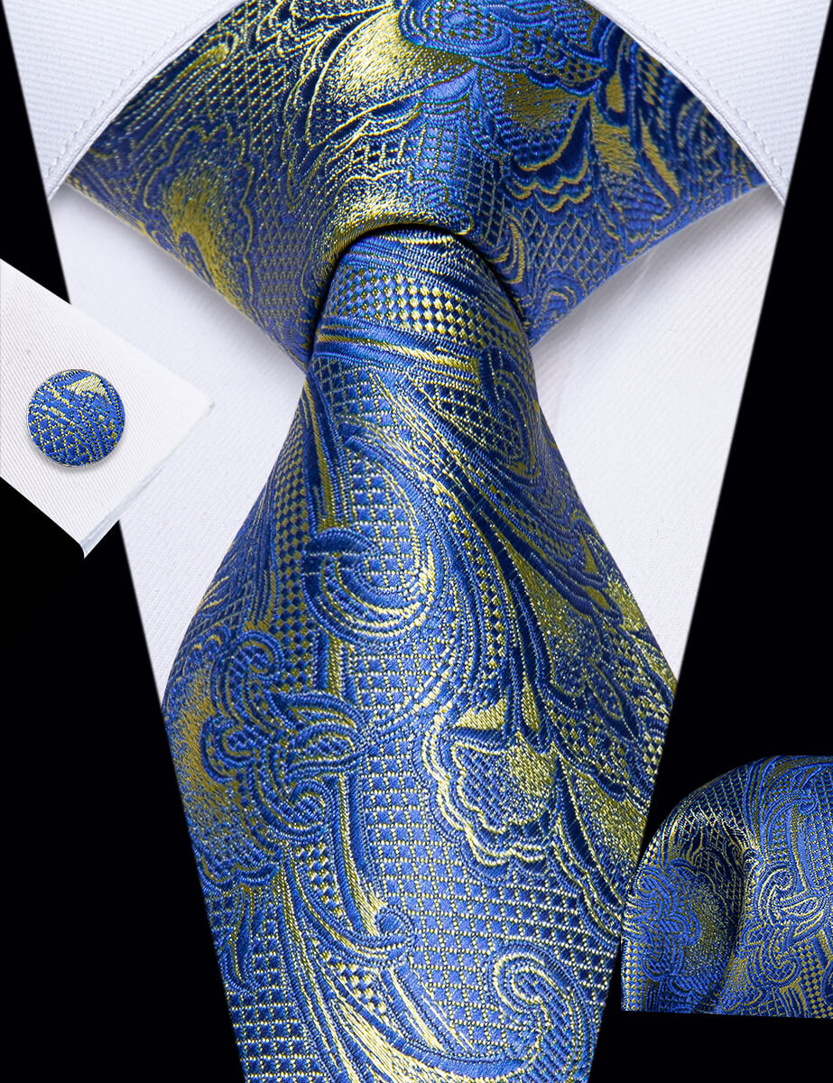 YourTies Light Blue Yellow Paisley Men's Necktie Hanky Cufflinks Set