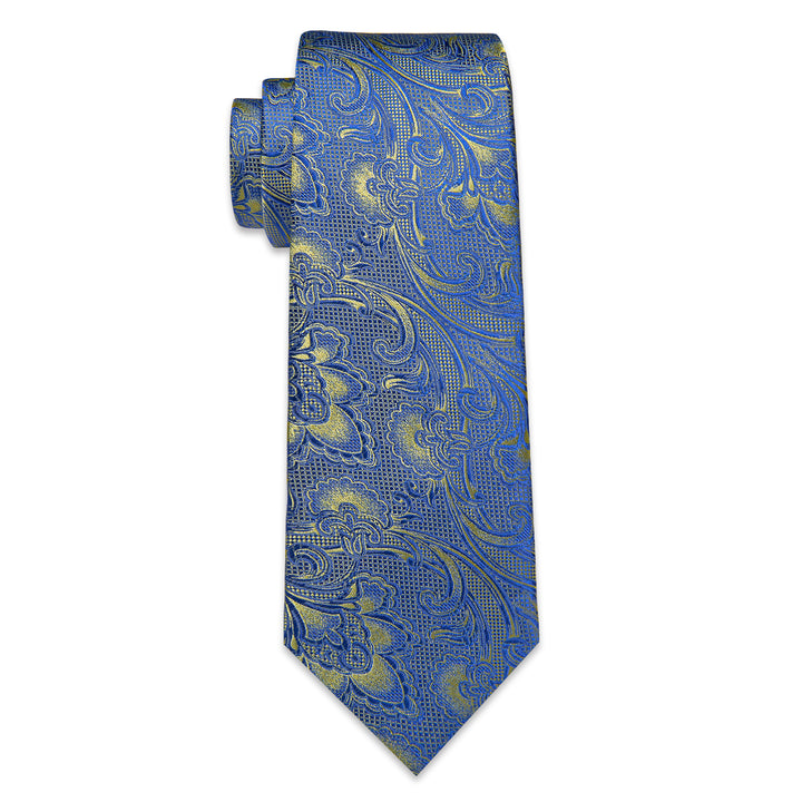  Light Blue Yellow Paisley Men's Necktie Hanky Cufflinks Set