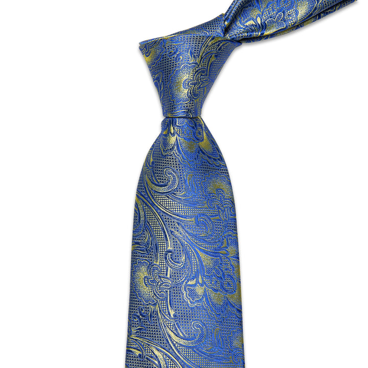  Light Blue Yellow Paisley Men's Necktie Hanky Cufflinks Set