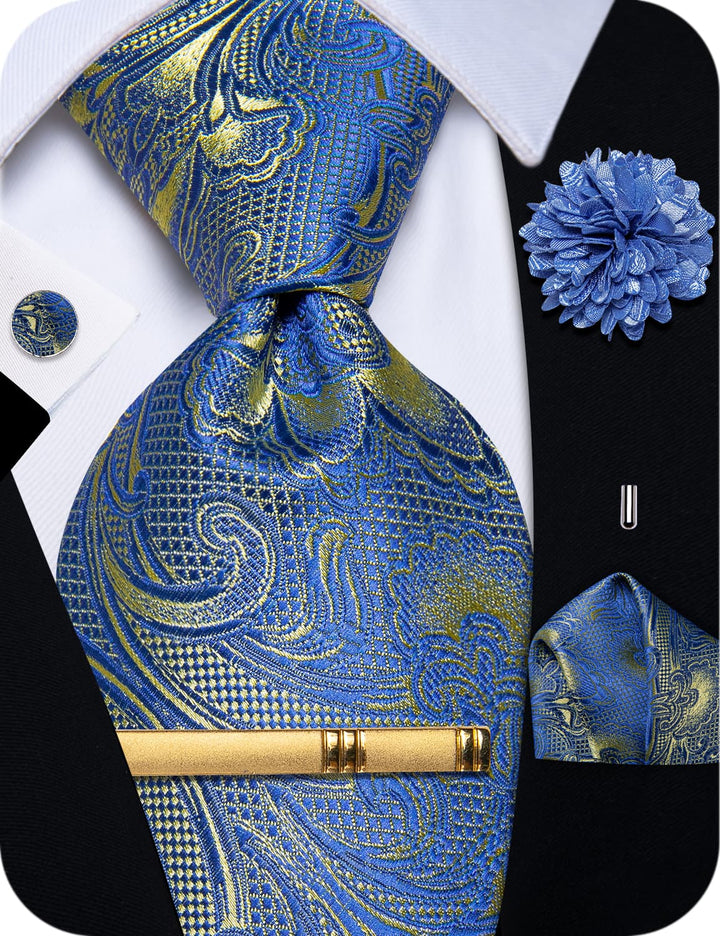  Light Blue Tie Men's Gold Jacquard Paisley Necktie Set