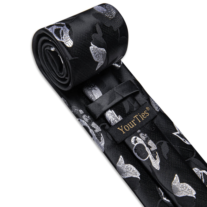 Mens Black Tie White Floral Men's Necktie Hanky Cufflinks Set