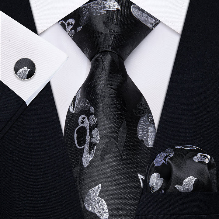 Mens Black Tie White Floral Men's Necktie Hanky Cufflinks Set