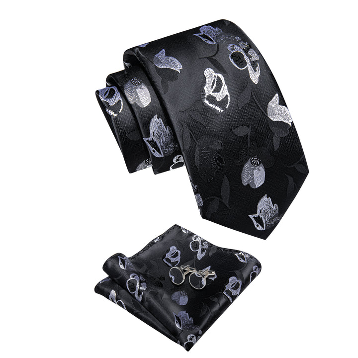 Mens Black Tie White Floral Men's Necktie Hanky Cufflinks Set