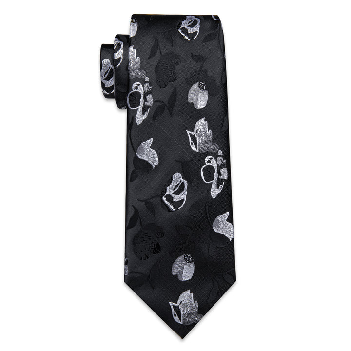 Mens Black Tie White Floral Men's Necktie Hanky Cufflinks Set