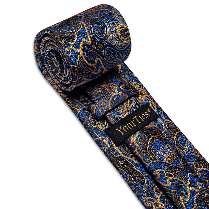 Blue Gold Paisley Men's Necktie Pocket Square Cufflinks Set