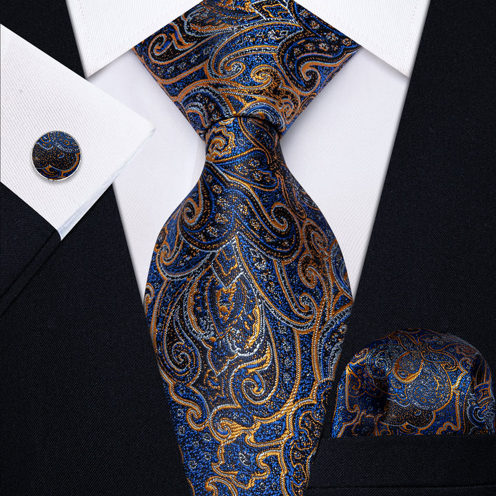 Blue Gold Paisley Men's Necktie Pocket Square Cufflinks Set