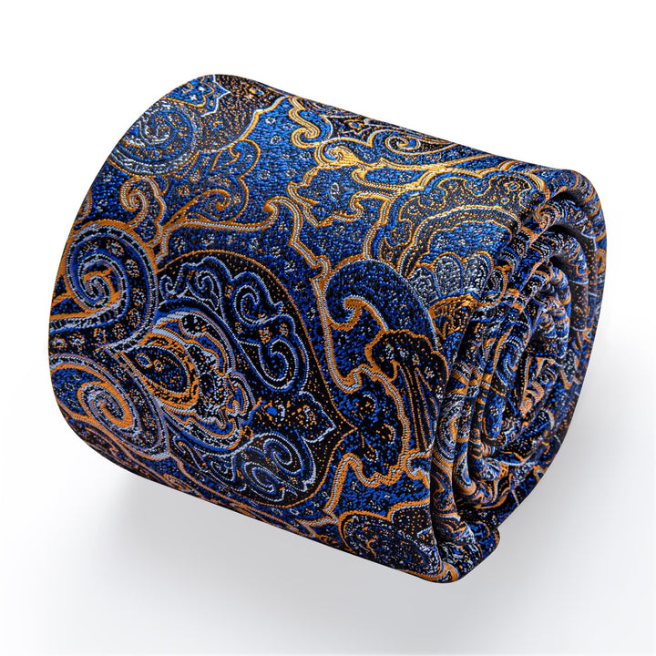 Men's Tie Medium Blue Golden Jacquard Paisley Necktie Set