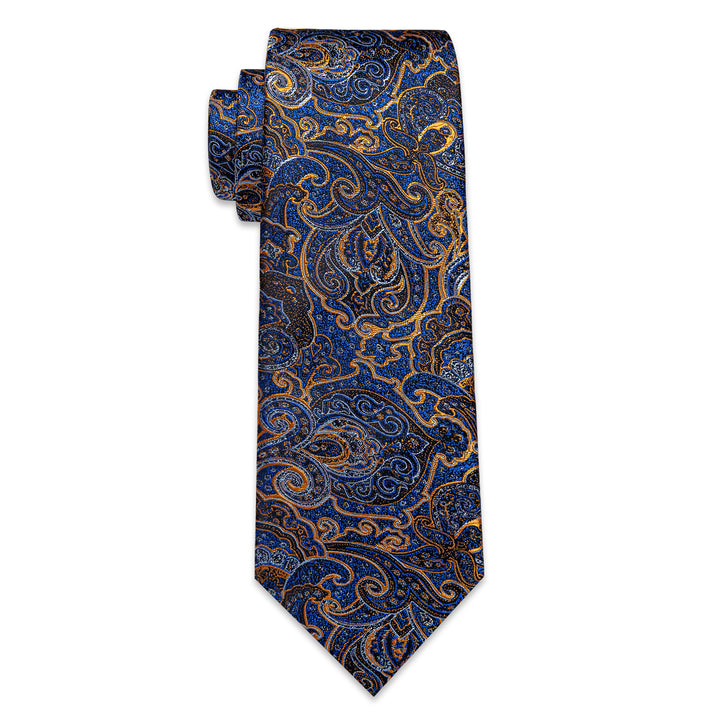 Blue Gold Paisley Men's Necktie Pocket Square Cufflinks Set