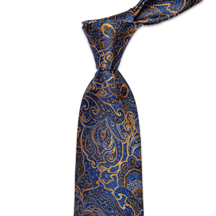 Blue Gold Paisley Men's Necktie Pocket Square Cufflinks Set