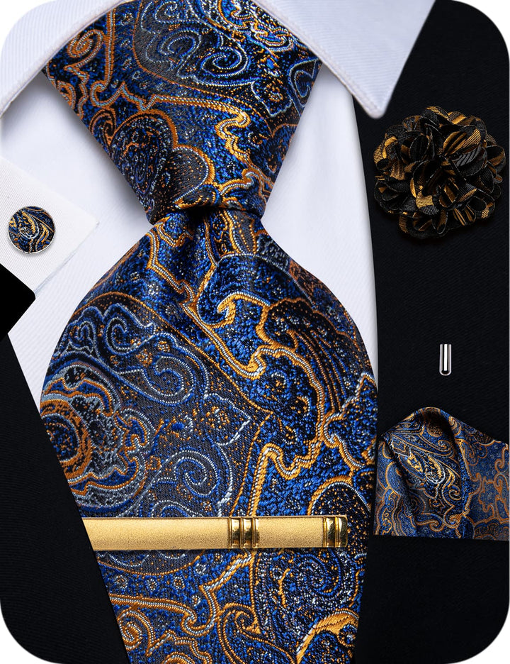 Men's Tie Medium Blue Golden Jacquard Paisley Necktie Set