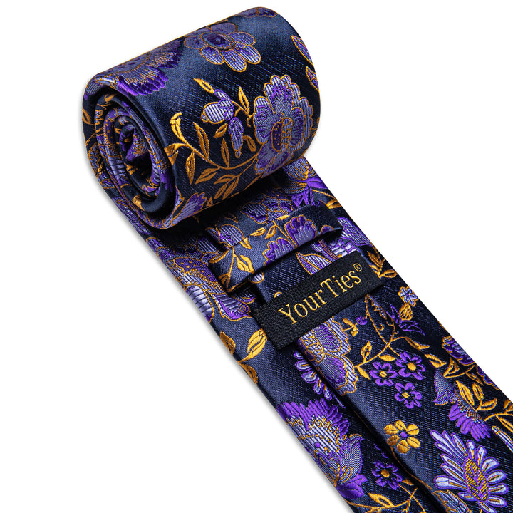  Purple Golden Floral Mens Necktie Pocket Square Cufflinks Set