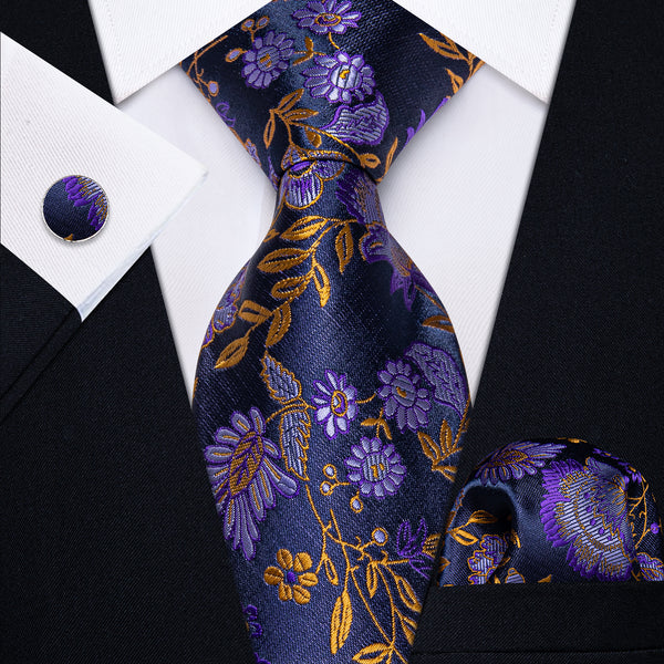  Purple Golden Floral Mens Necktie Pocket Square Cufflinks Set