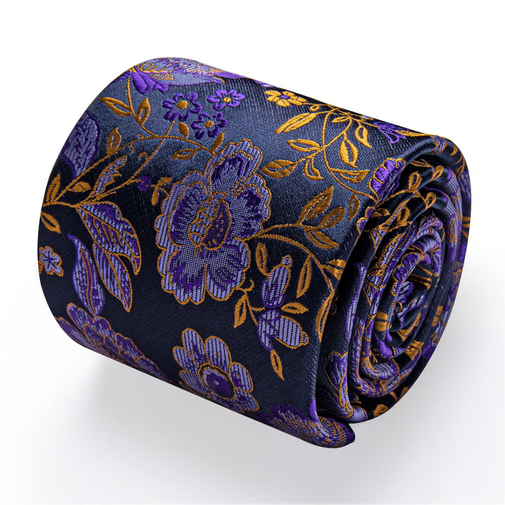 Tie Blue Purple Flower Gold Lines Jacquard Floral Necktie Set