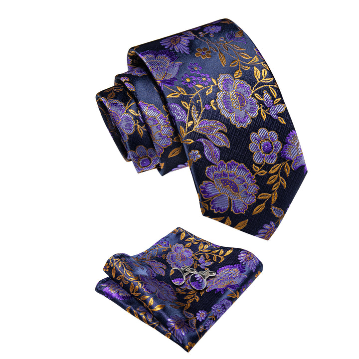  Purple Golden Floral Mens Necktie Pocket Square Cufflinks Set