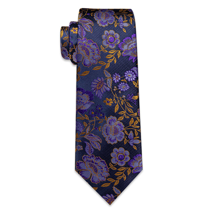  Purple Golden Floral Mens Necktie Pocket Square Cufflinks Set